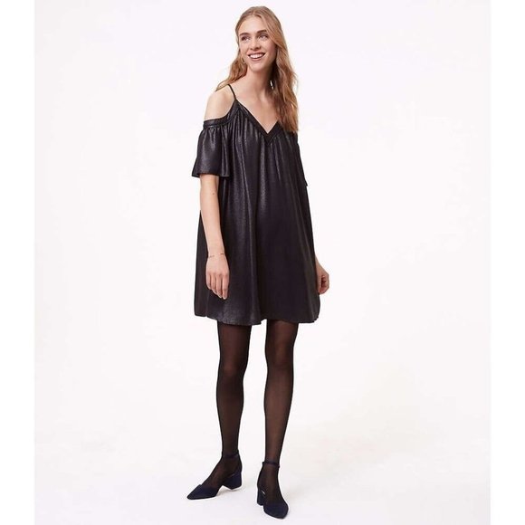 "LOFT" BLACK SHIMMER COLD SHOULDER SWING TRAPEZE MINI METALLIC DRESS SZE: MP NWT - Picture 1 of 6